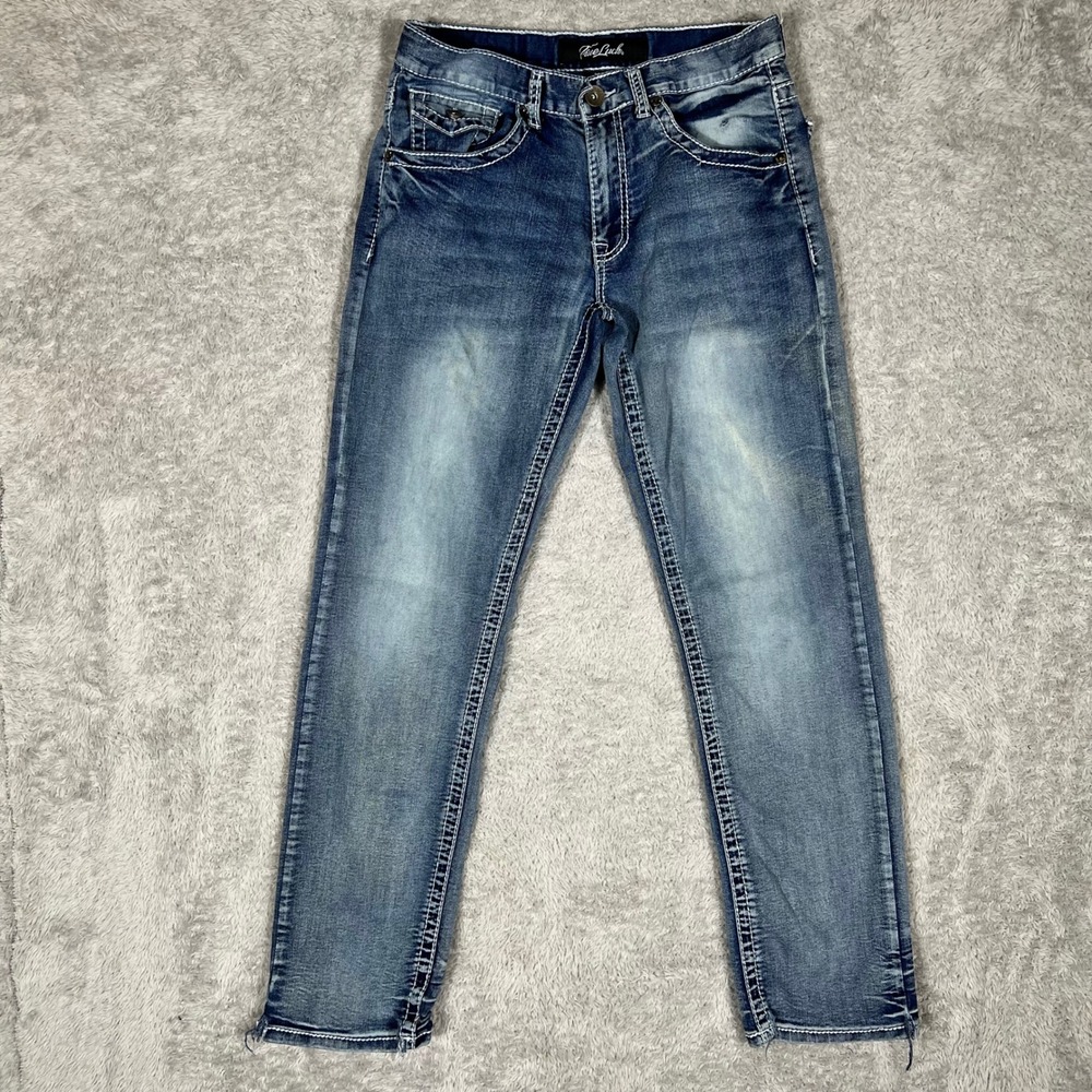 True Luck Mens Straight Leg Jeans Medium Wash Blue Denim 30x32 Thick Stitch